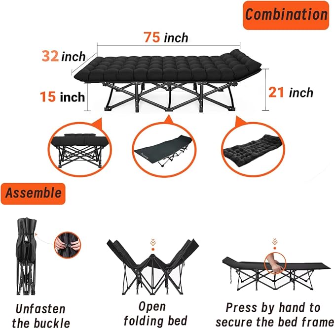 Oversized XXL Folding Camping Cot W/Mat for AdultsHeavy Duty Outdoor Bed with Carry Bag1200 D Layer Oxford Portable Travel Camp Cots Extra Wide Sleeping Cots (Black With Comfortable Mattress)