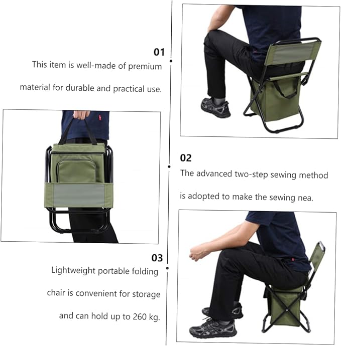 Folding Fishing Chair with Backrest Portable Outdoor Camping Seat and Insulated Cooler Bag Lightweight and Durable for Fishing Beach Picnic and Travel