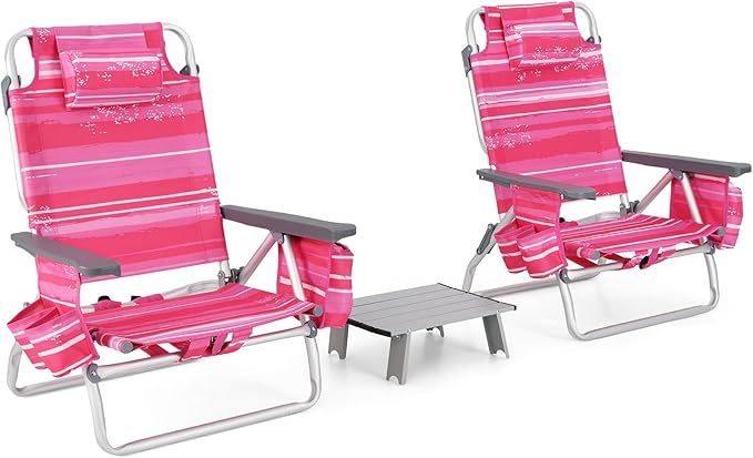 Tangkula Backpack Beach Chair with Table 5-Position Lay Flat Beach Chairs with Cooler Bag 2 Cup Holders Towel Bar Lightweight Low Folding Beach Chair with Backpack Straps