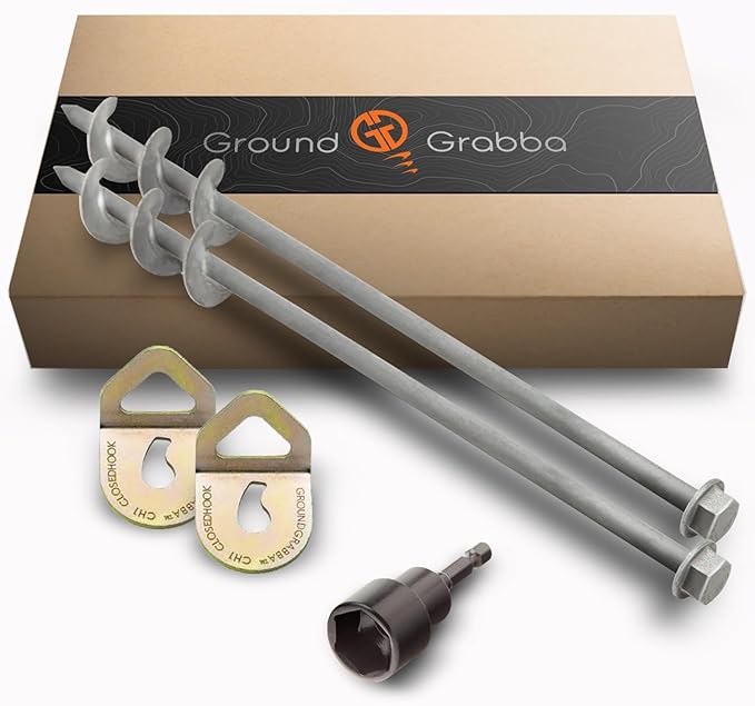 GROUNDGRABBA Screw in Tent Stake for Normal to Hard Ground | Premium Drill Driven Ground Anchor Earth Screws | 2X Pro I Stakes (1.5 Foot) 2X Closed Hooks 1X 5/8 Hex Socket Driver