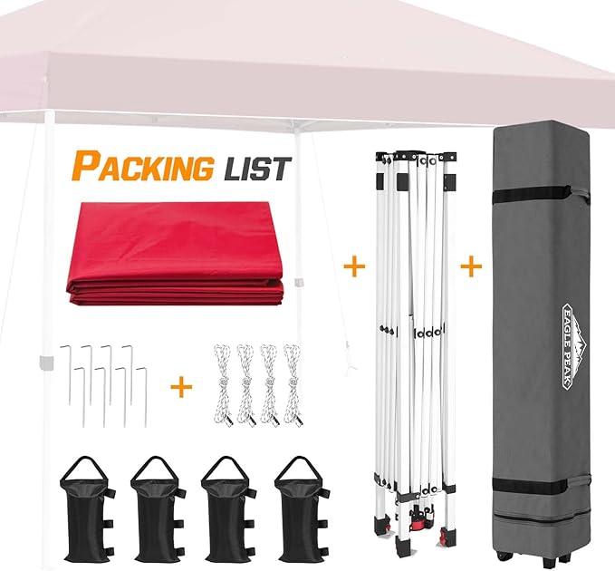 EAGLE PEAK Pop Up Canopy Tent with Wheeled Carry Bag 8 Stakes 4 Ropes 4 Weight Bags Easy Set Up Tent Canopy 10x10 ft 100sqft of Shade Red