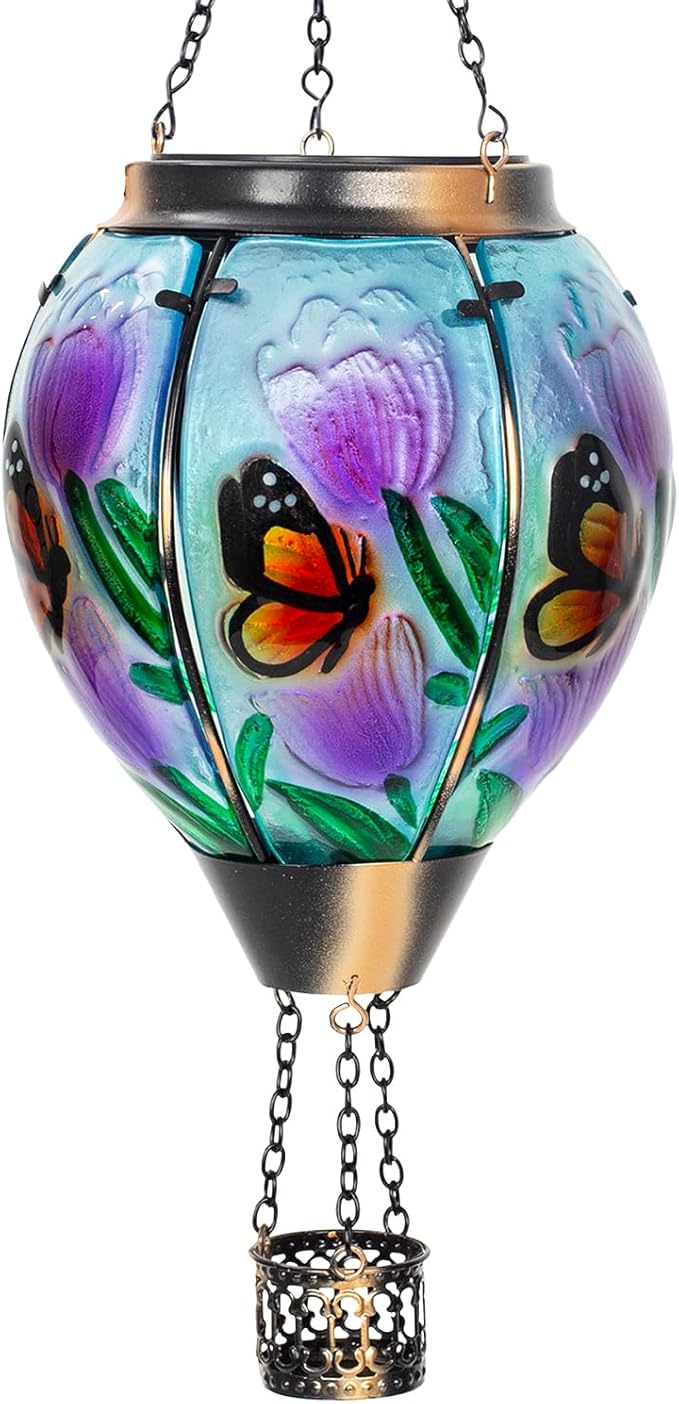 Butterfly Flower Solar Hot Air Balloon Lantern with Flame Glass Balloon Lantern Outdoor Waterproof Lights Hanging Solar Lights for Outside Garden Patio Porch Tree Yard Gift for Mom