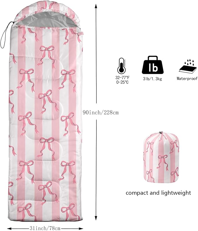 Girls Bow Sleeping BagPink Bowknot Waterproof Portable Camping BagPink and White Stripes Girly Portable Compact with Compression Sack for Backpacking Outdoor Indoor in Spring Summer Fall