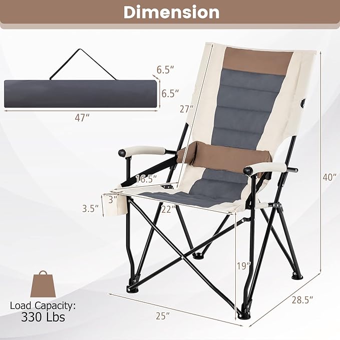 Goplus Camping Chairs Portable Lumbar Back Beach Chair Heightened Design for Adults w/Cup Holder &amp Carrying Bag Folding Chair for Outside Fishing Hiking Picnic Lawn (330 LBS Weight Capacity)