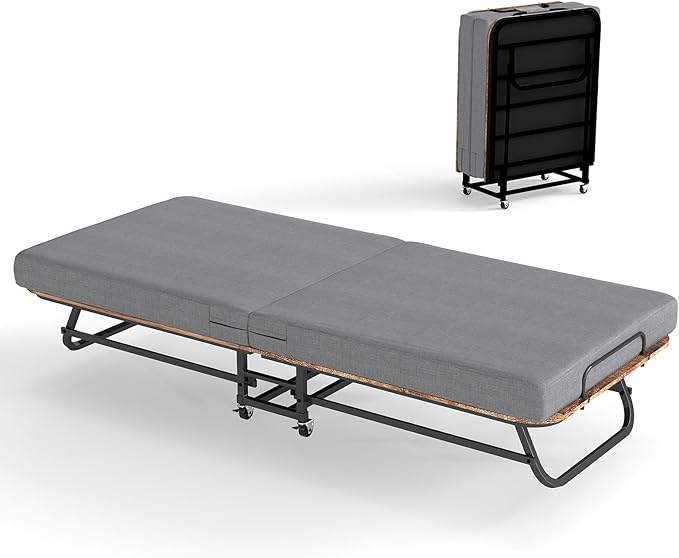 Portable Folding Bed with Memory Foam Mattress - 450 LBS Capacity Lockable Wheels &amp Sturdy Metal Frame