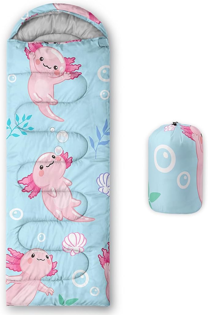 QOOMO Axolotl Cute Camping Sleeping Bags3 Season Warm &amp Cool WeatherLightweightWaterproof Sleeping Bags for Adults &amp KidsTravelingand Outdoors