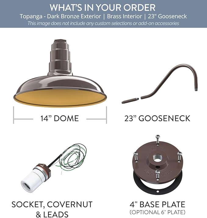 Steel Lighting Co. Topanga Barn Light | Outdoor Wall Mounted | 14 inch Dome | 23 Gooseneck | Farmhouse Garage Light Made in America | Dark Bronze Exterior/Brass Interior