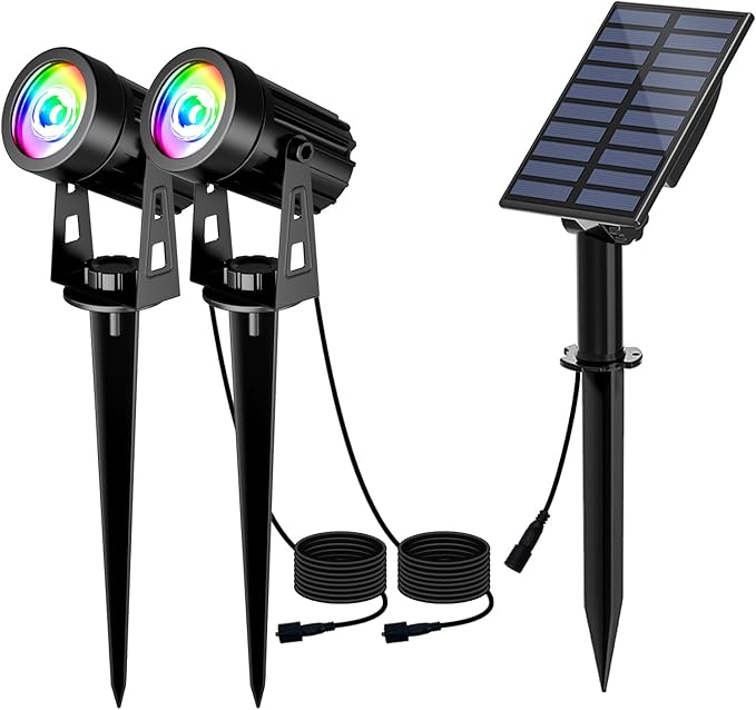 T-SUN Color Changing Solar Lights for OutsideSolar Spot Lights Outdoor Waterproof Dual Head LED Landscape Spotlights for Garden Pond Yard Trees Pathway(RGB)