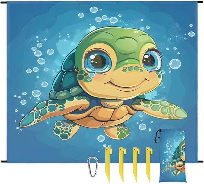 Waterproof Sandproof Beach Blanket 59''×68'' Turtle Polyester Outdoor Picnic Blanket with 4 Stakes &amp Storage Bag for BeachCampingVacation Lake Blue