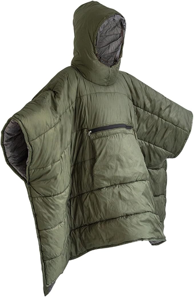 Portable Self-Folding Cotton Blanket Camping Warm Poncho Sleep Bag Outdoor Warm Wearable Cloak with Large Pockets