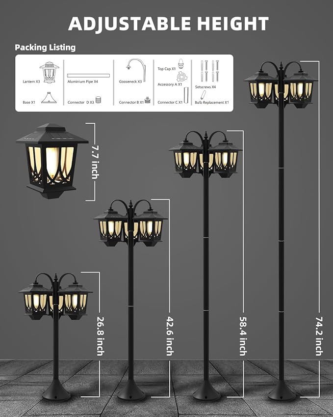 73 Aluminum Solar Lamp Post Light 3-Head Solar Light Poles for Outside Warm White 90Lm Dusk to Dawn Waterproof Floor Lamp for Front YardGarden Pathway Patio Replaceable Bulb