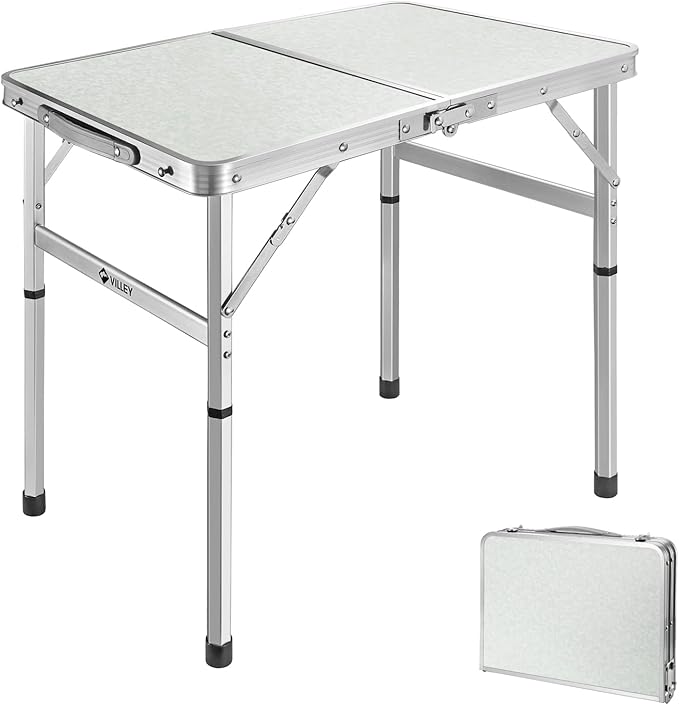 VILLEY Folding Camping Table 2ft Small Portable Lightweight Outdoor Table with Aluminum Adjustable Legs for Travel Picnic Cooking Beach