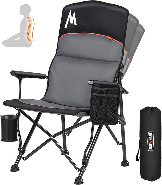 Overmont Camping Chair with Lumbar Support for Adults - Oversized with High Back Supports 450 LBS - Heavy Duty Folding Chair Portable for Outdoor Lawn Patio Balcony with Patent No.: US D1.028.543 S