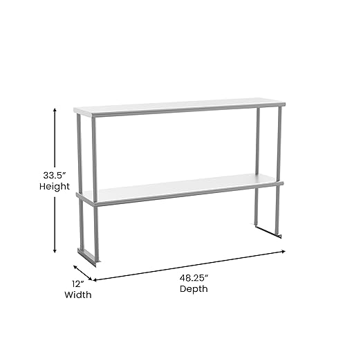 Flash Furniture Reese Commercial Metal Double Kitchen Overshelf Two-Tier Adjustable Shelf 430 Stainless Steel 18 Gauge NSF Certified 48 x 12
