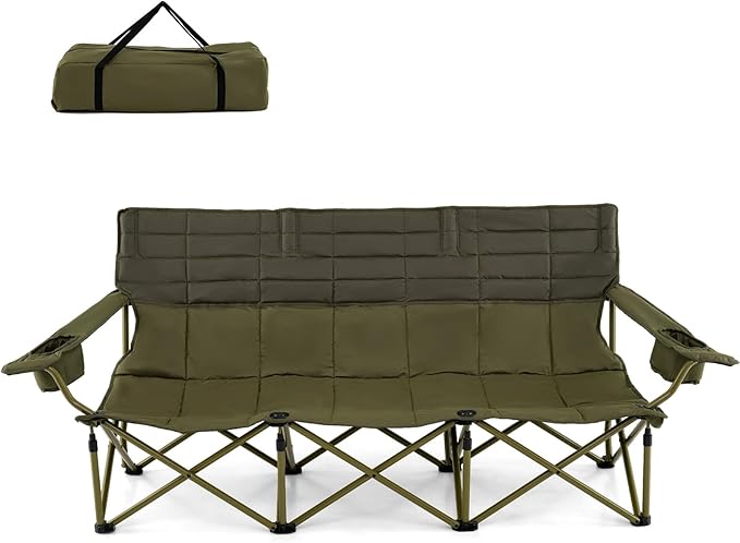 Tangkula 3 Person Oversized Camping Chair Fully Padded Folding Camp Chair with Adjustable Armrests Cup Holders Carrying Bag Portable Outdoor Lawn Chair for Camping Support 900LBS