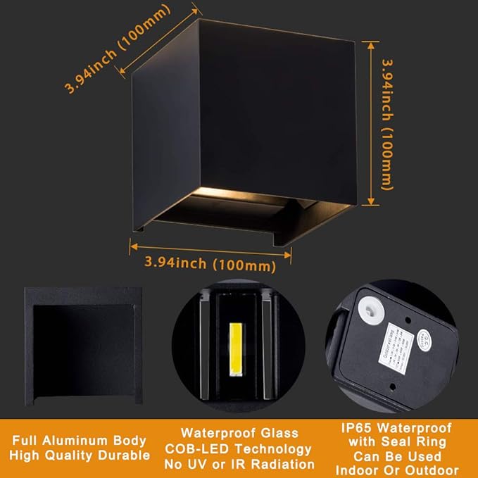 LANFU LED Aluminum Waterproof Outdoor Wall Sconce 100-277V 3000K Outdoor Cube Square Wall Light Warm Light 2 LEDs Black 6W Outside Wall Lights for House Patio