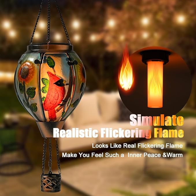 Hot Air Balloon Solar Lantern - Cardinal Bird Glass Lantern Simulated Flickering &amp Dancing Flame Outdoor Hanging Yard Light Waterproof IP65 for Patio Lawn Porch Decor Gift