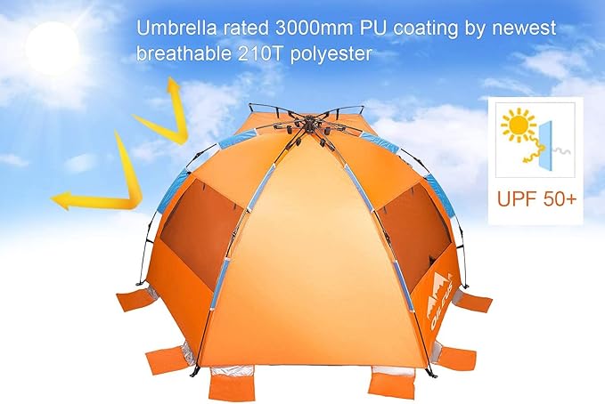 Oileus X-Large 4 Person Beach Tent Sun Shelter - Portable Sun Shade Instant Tent for Beach with Carrying Bag Stakes 6 Sand Pockets Anti UV for Fishing Hiking Camping Waterproof Windproof Orange