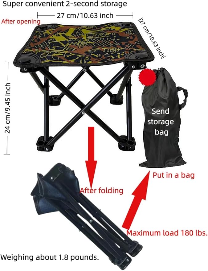 Ultra-Portable Folding Camping Stool – Mini Foldable Seat for Train Travel Queuing Fishing Hiking Gardening Art Students and Beach Use (Camouflage Yellow Trumpet 11 * 11 * 9in)