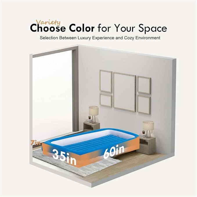 Travel Air Mattress Inflatable Bed with Raised Sides Blue - Portable Camping Airbed for Sleepovers Guests Travel - 60 x 35 x 7 Inch