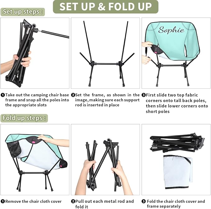 Custom Camping Chair with Name Customize Portable Folding Chairs Personalized Lightweight Foldable Outdoor Chair for Backpacking Hiking