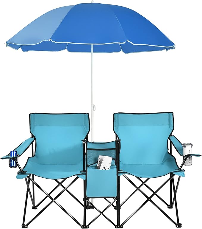Goplus Double Camping Chair with Umbrella Folding Loveseat Chairs w/Canopy Shade Carrying Bag Table Cup Holder Portable Beach Chairs Outdoor Picnic Patio (Turquoise)