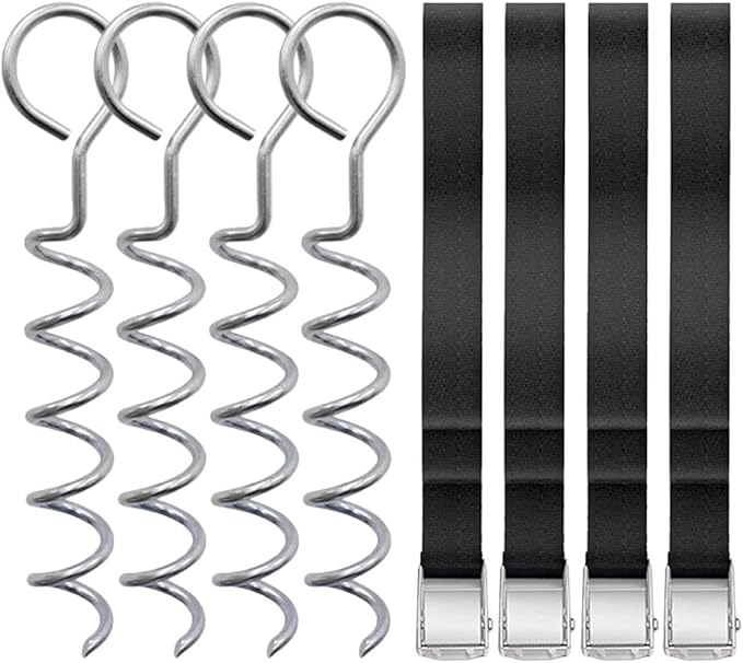 Toyvian Spiral Ground Anchor Tent Stakes Heavy Duty Steel Dog Tie-Out Stakes with Sturdy Webbing Set of 4 for Outdoor Camping and Pet Security