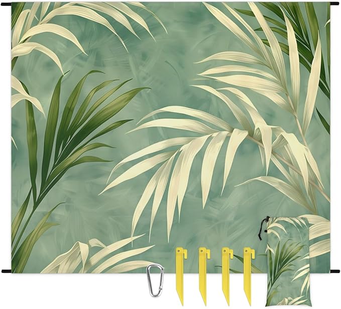 Waterproof Sandproof Beach Blanket 59''×68'' Plants Leaves Polyester Outdoor Picnic Blanket with 4 Stakes &amp Storage Bag for BeachCampingVacation Milk Green