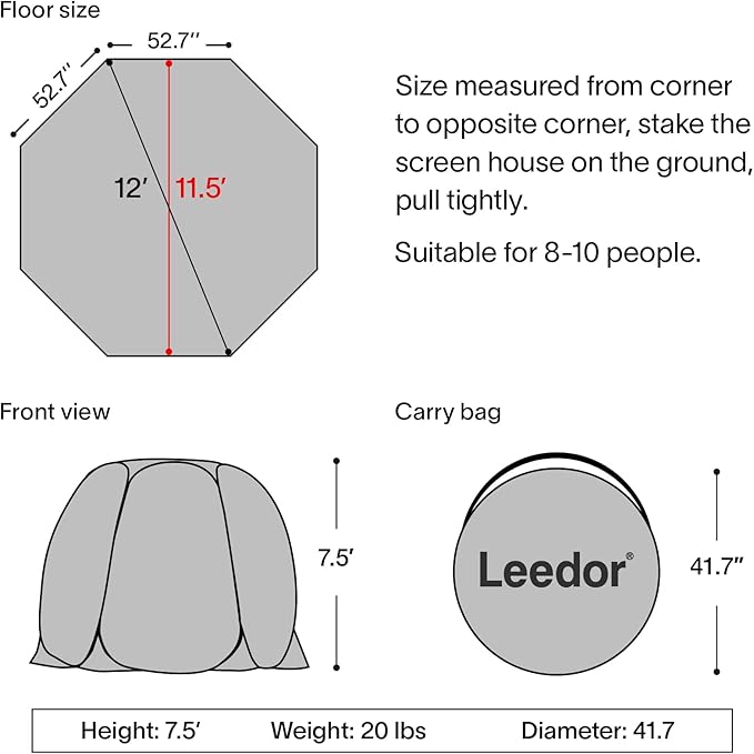 LEEDOR Pop Up Screen House 6-10-15 Person Outdoor Screen TentCamping Screen Room with Carry Bag Screened Gazebo with Mosquito Netting Instant UV Resistant Sun Shelter for Garden Patio Backyard