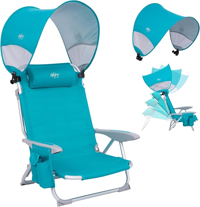 #WEJOY Beach Chair with Canopy Shade Reclining Adjustable 4 Position Lay Flat Lightweight Folding Portable Aluminum Chair with Backpack StrapsPadded headrest Heavy Duty 400lbs Lawn Chair for Beach