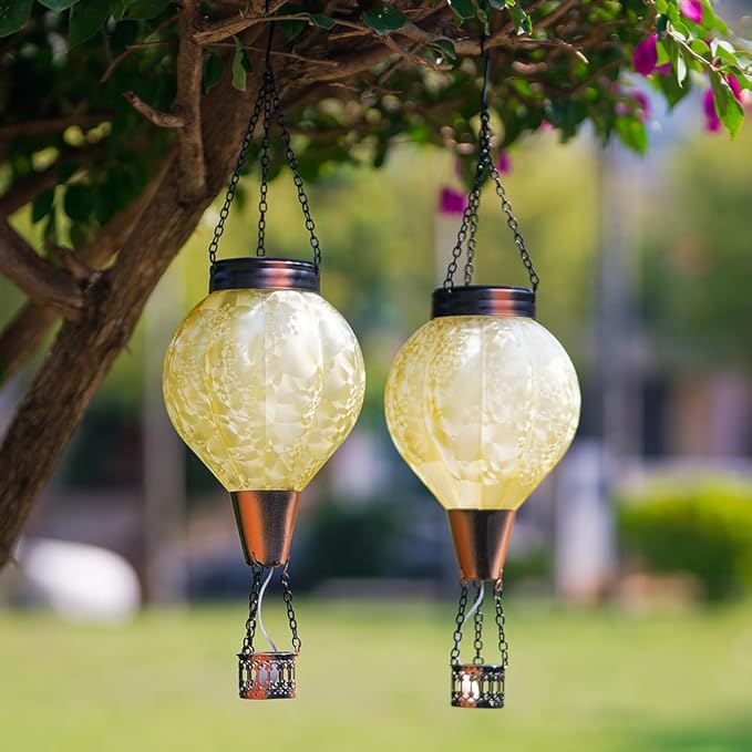 2 Pack Hanging Solar Air Balloon Lantern Outdoor Waterproof Hot Air Balloon Solar Lantern Flickering Flame Outside Decor for Garden Yard Patio Solars Lights Gifts for Mom Grandma（yellow）