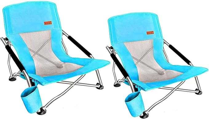 Nice C Low Beach Chair Beach Chairs for Adults 2 Pack Sling Folding Portable Concert Kids Boat Sand Chair with Cup Holder &amp Carry Bag (2 Pack of Blue)
