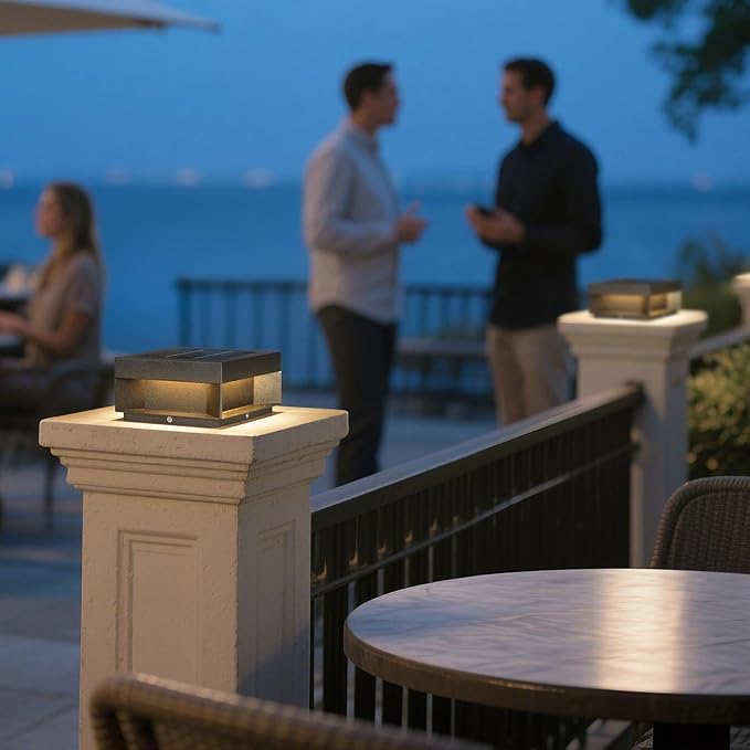 Solar Post Lights Outdoor 7.9'' Pillar Lights Waterproof 3000K Fence Column Cap Light Dusk to Dawn Solar Powered Lantern Modern Lamp Posts Outdoor Lighting Fixture for Yard Pathway Deck Garden