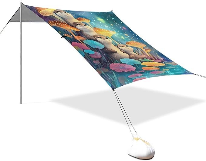 ALAZA Otter Rushroom Starry Beach Tent Sun Shelter UPF50+ Protection Beach Shade Canopy w/ 4 Sandbags for Outdoor Camping Fishing Backyard Fun Picnic 10x9 ft