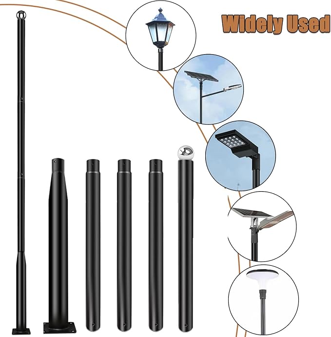 Street Light Pole 16ft Tall - Black Outdoor Adjustable Metal Street Lamp Post for Lights with Mounting Steel Anchors