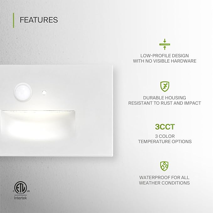 ASD LED Recessed Step Light Fixture Dusk To Dawn Outdoor Tread Lighting | 3CCT Motion Sensor Photocell Waterproof ETL Listed | 3W 120LM 3000K-5000K 120V | Staircase Hardwired Illumination | White