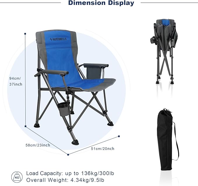 Camping Chair Folding Portable Lawn Chair Comfortable Hard Arm Sturdy for Family Camp Outdoor Sports Beach Travel Blue Supports 300 lbs