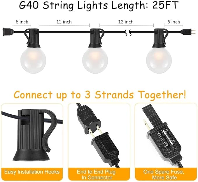 Abeja 25FT Outdoor String Lights G40 Globe Patio String Lights with 27 Frosted White Globe Bulbs Waterproof Connectable Hanging Lights for Outside Backyard Porch Umbrella Bistro Decor Black Wire