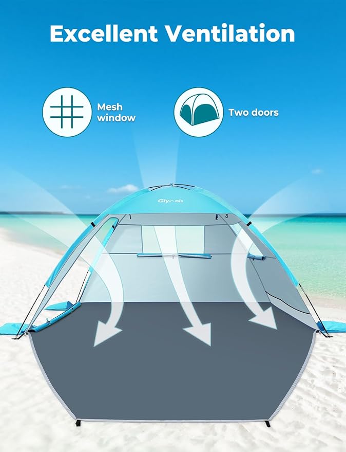 Glymnis Beach Tent Sun Shelter for 3 Person with UPF 50+ UV Protection Lightweight &amp Easy Setup Beach Shade Canopy with Vent Windows &amp Zippered Door - Blue