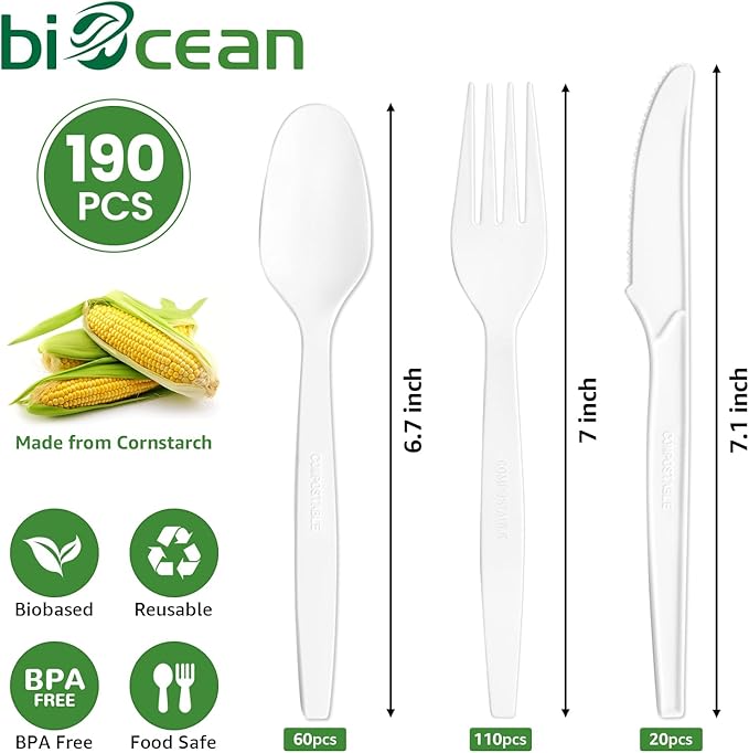Extra Heavyduty Compostable Cutlery Set - 190 Count Large Disposable Utensils No Plastic Forks Spoons Knives Biodegradable Fork Eco Friendly Silverware for PartyBBQDaily UseEventsPicnic