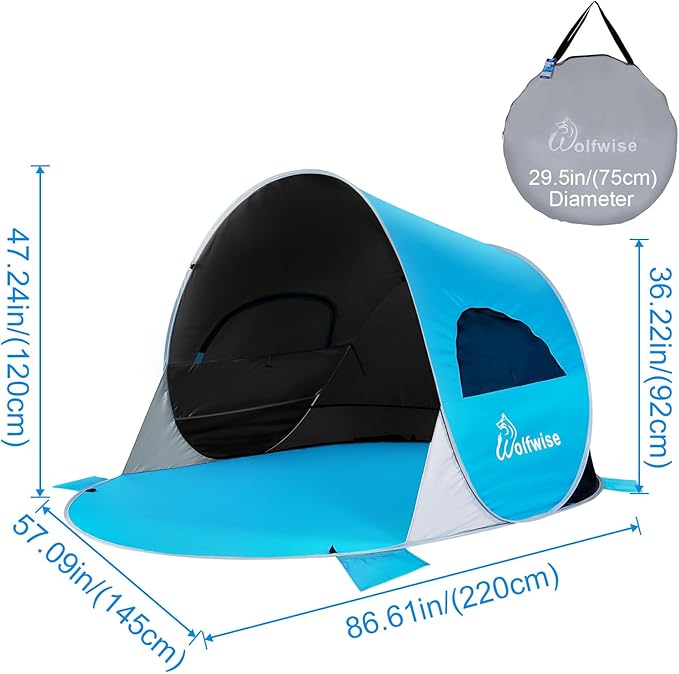Wolfwise Pop up Beach Tent Sun Shelter with UPF50+ UV Protection Instant Easy Setup Popup Beach Shade Canopy for 3 Person Portable &amp Foldable with Carring Bag 87 ×57×47 in Black Coating