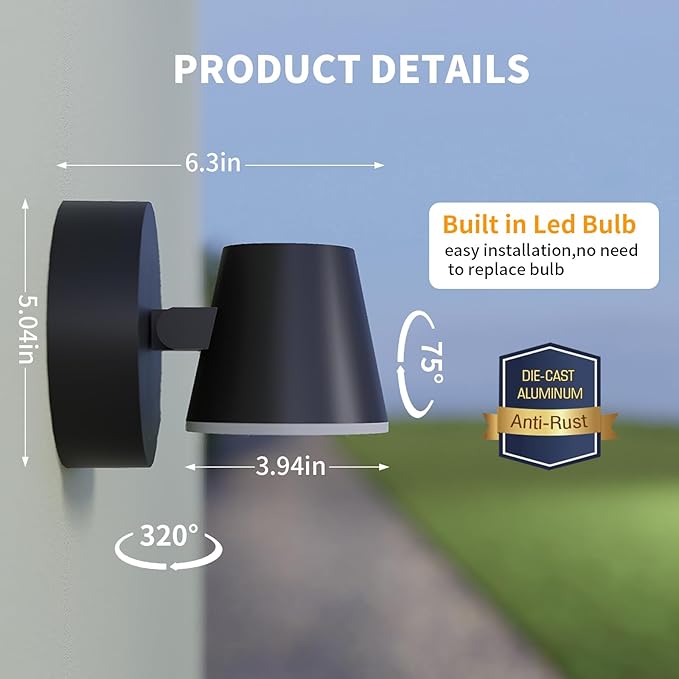 Aliminium Outdoor Wall Light350° Rotation Modern IP65 Waterproof &amp Rust-Proof Wall Lamp for Patio Garage Black (Classic)