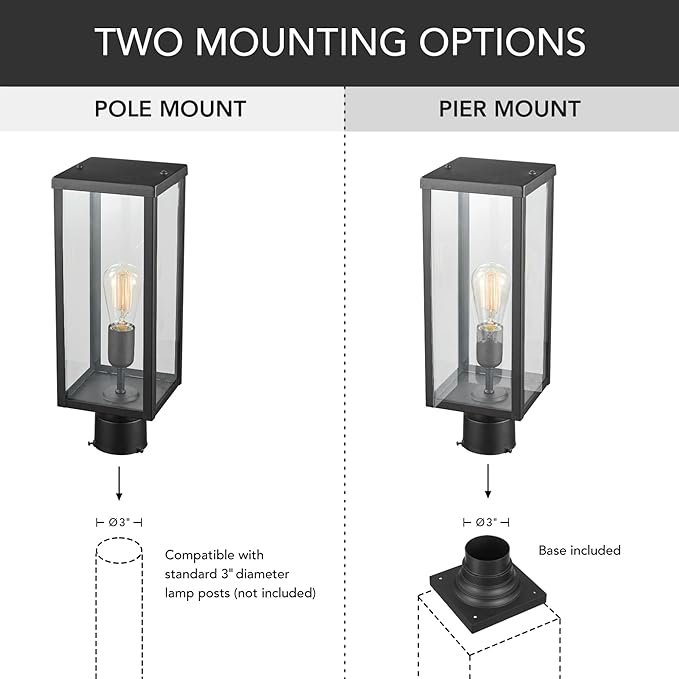 GLOBE Electric 44384 1-Light Outdoor Lamp Post Light Fixture with Base Adaptor Matte Black Clear Glass Inserts Weather Resistant Exterior Lighting Modern Security Lights E26 Base