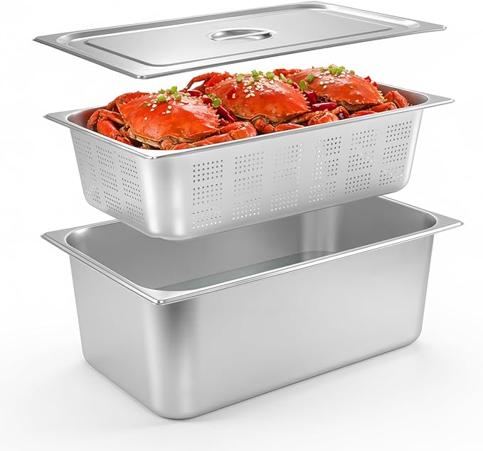 Dyna-Living 3 Pack Full Size 6 Inch 8 Inch Hotel Pan Perforated Steam Table Pans with Lid Stainless Steel Chafing Dish Pans Commercial Food Pan for Catering Buffet Hotel Home Restaurant Supplies