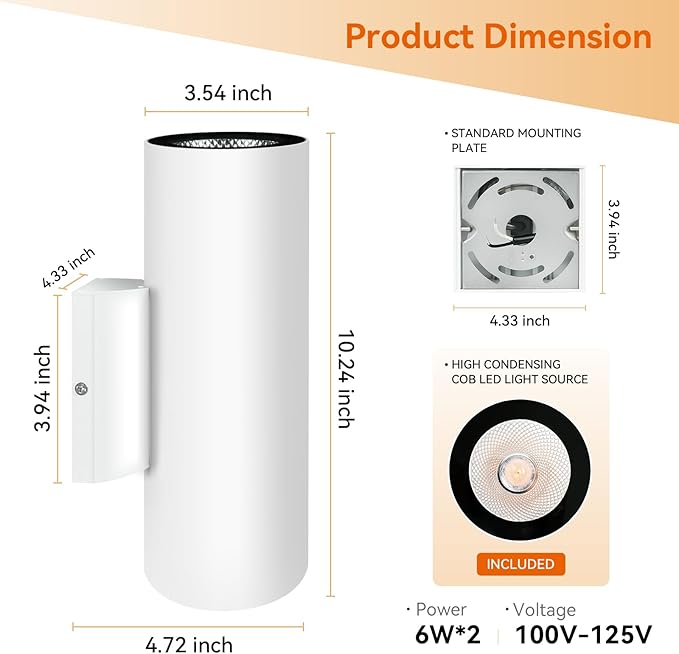 JO.KO Porch Light in 2 Lights Cylinder Wall Lights 10.24 2 Pack Up Down Lights 2700K Warm White Waterproof Wall Sconce AluminumExterior Light Fixture Wall Mount White