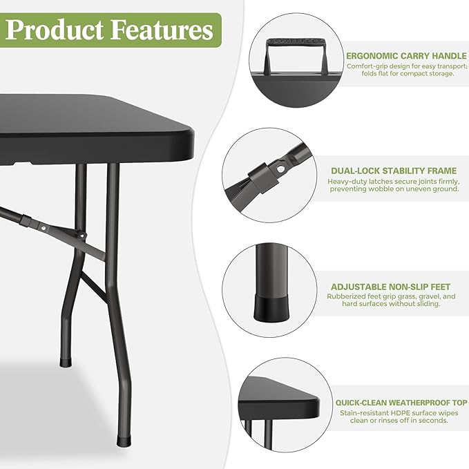 6ft Heavy-Duty Portable Outdoor Folding Table for 6 - Sturdy HDPE Top 350lbs Capacity Lockable Design No Assembly - Camping Parties Picnics (Black)