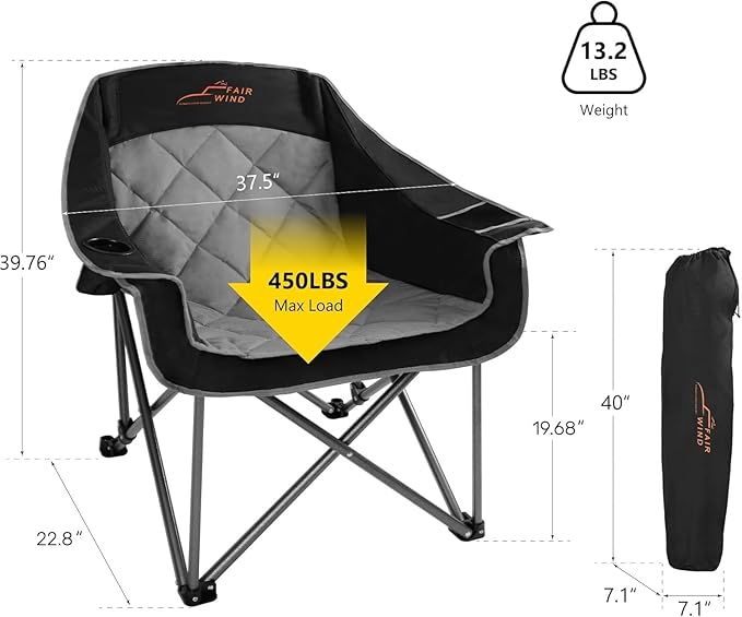 FAIR WIND 2 Pack Oversized Padded Camping Chair Heavy Duty Quad Fold Arm Chair Portable for Outdoor - Support 450LBS Black