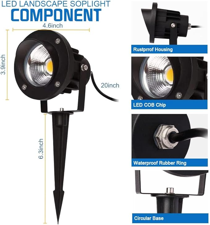 EAGLOD 20W Spot Lights Outdoor 5000K Daylight White Flag Pole Light 12V~24V AC/DC LED Landscape Spotlights Waterproof Low Voltage Landscape Lighting Outdoor (Black 20W Daylight(5000K))