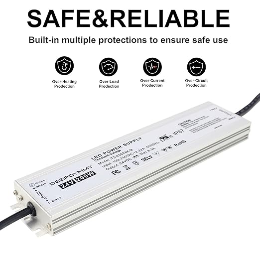 24V DC Power Supply 200W - Ultra Slim LED Driver Low Voltage Transformer with 3-Prong Plug &amp 3.3ft Cable IP67 Waterproof for LED Strip Lights Outdoor Lighting