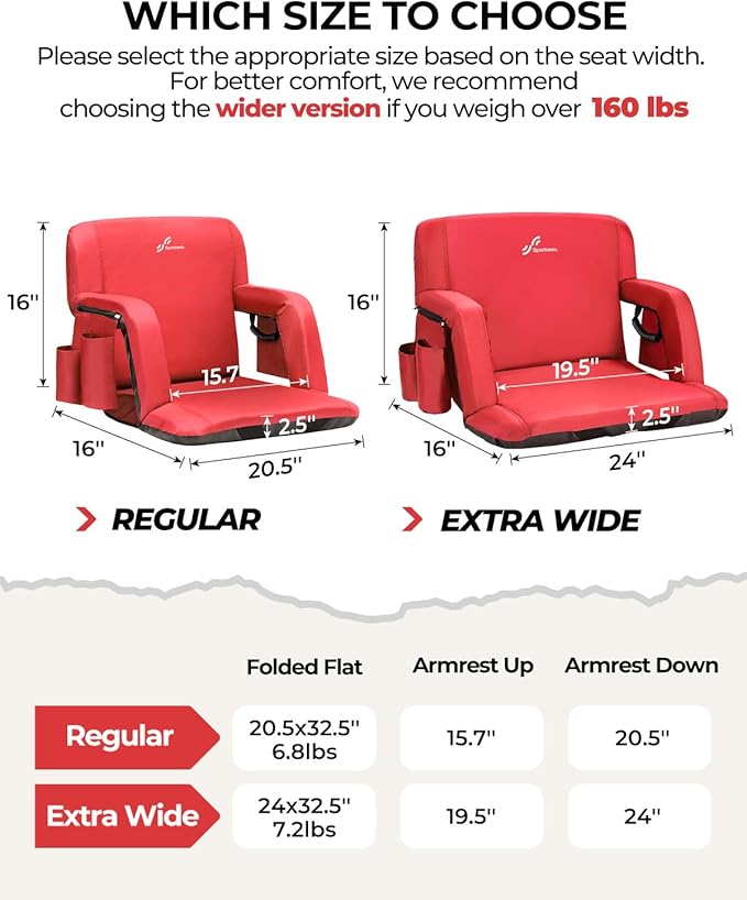 Sportneer Stadium Seats with Back Support: 2.5'' Thick Comfy Cushion 6 Adjustable Angle Bleacher Seat with Armrest - 2 Large Pockets 2 Cup Holders Stadium Chair for Sport Events Concerts Parks
